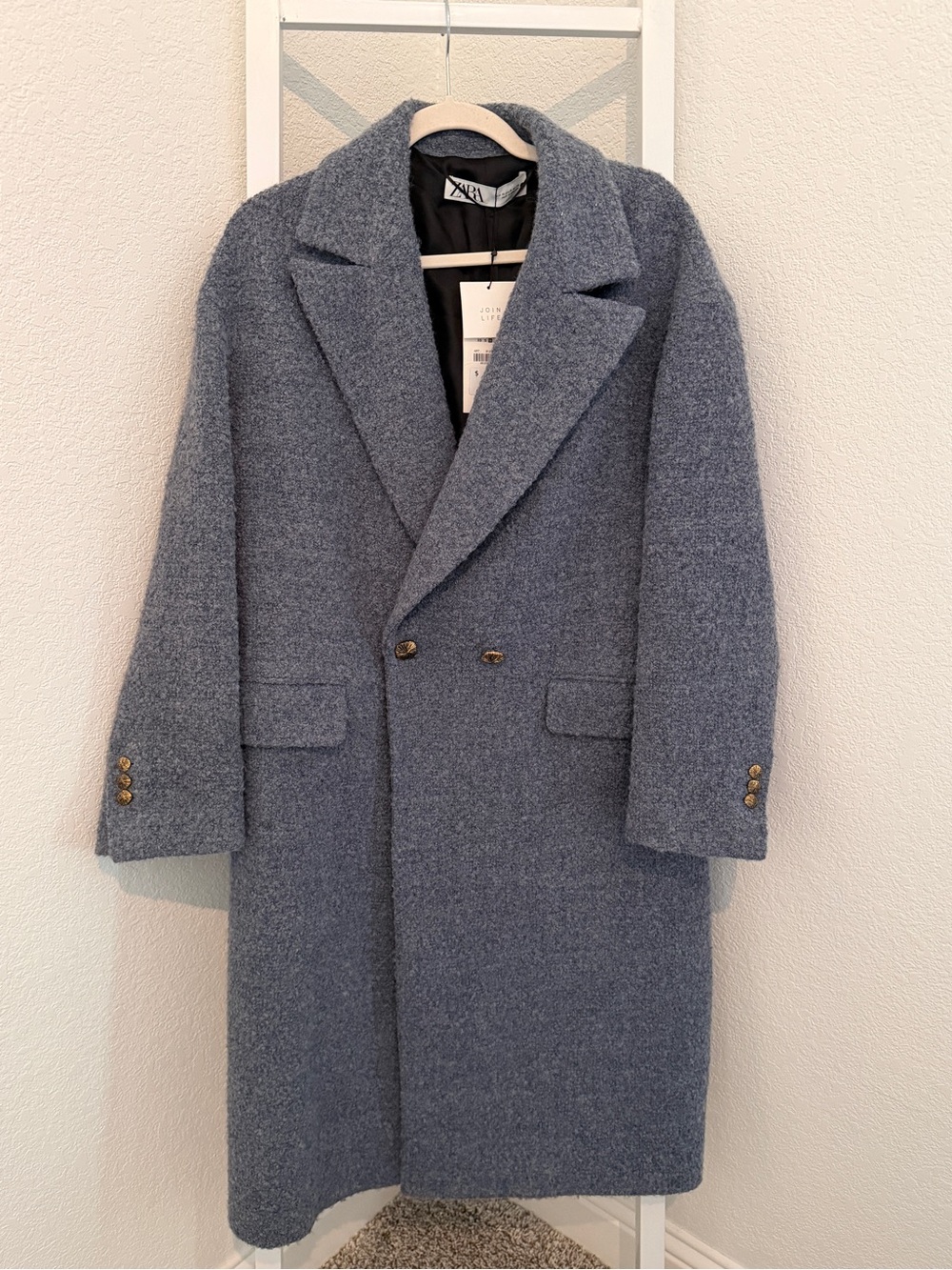 Zara Faded Blue Textured Wool Blend Double Breasted Coat Gold Buttons NWT